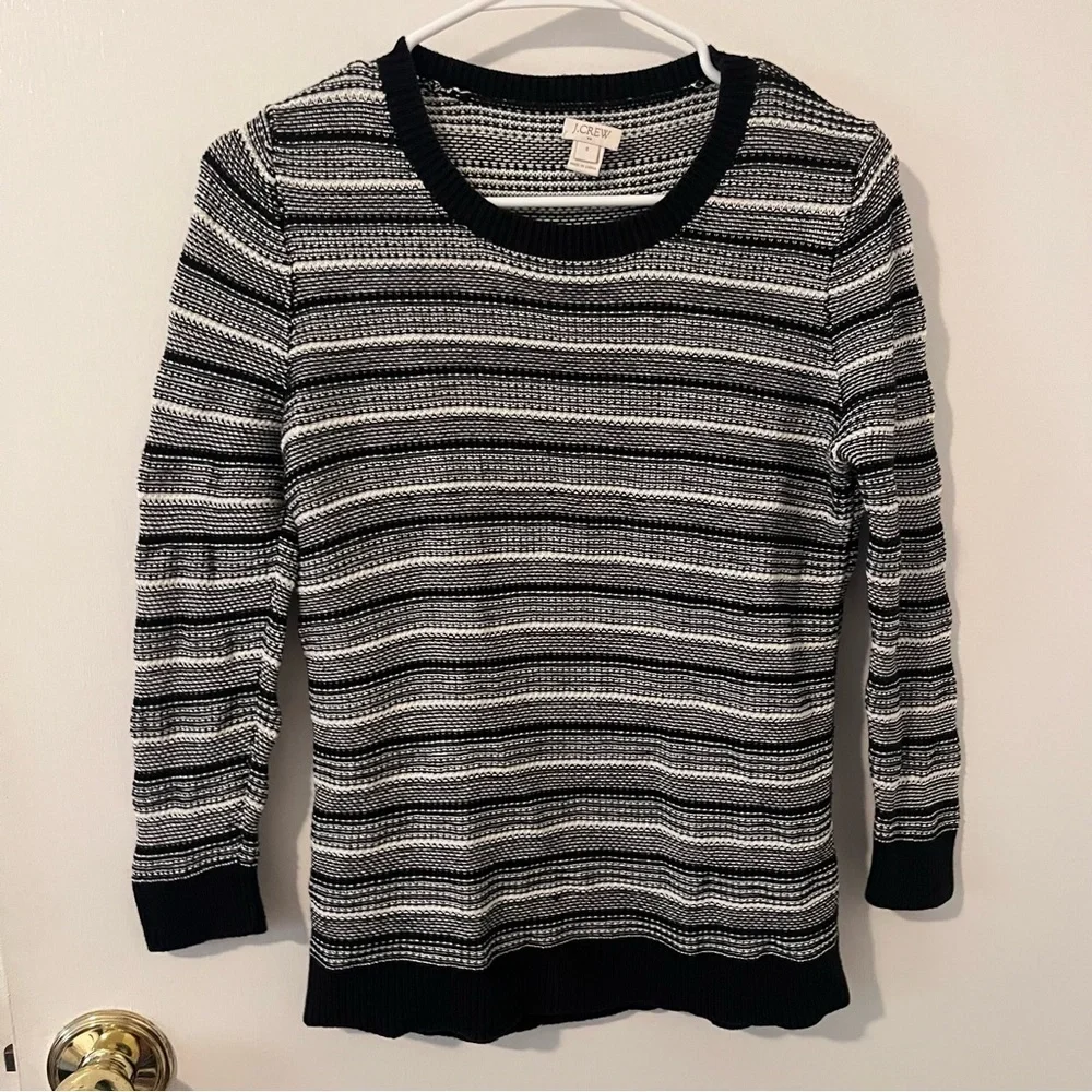 J. Crew Textured Sweater Striped Knit Pullover Crewneck Cotton Black White Small